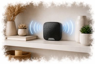 Black wireless speaker on a shelf surrounded by plants and decor.