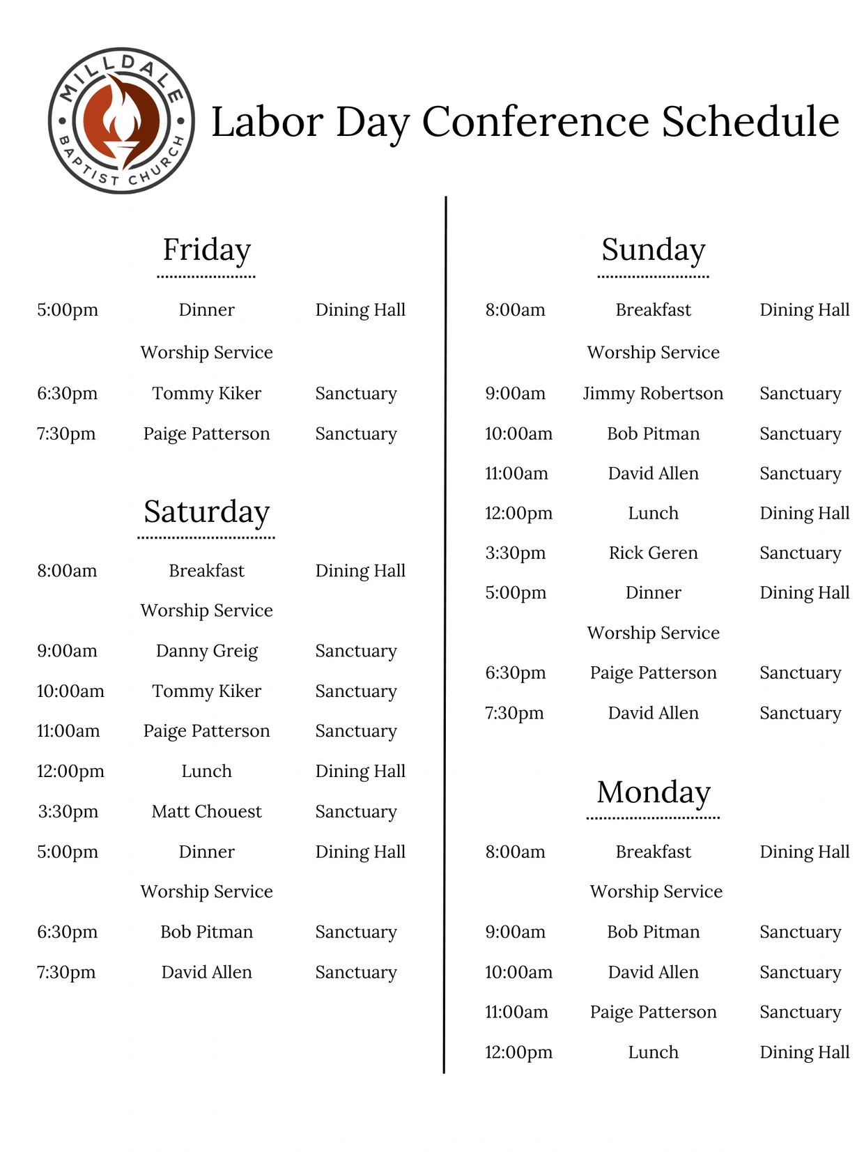 Labor Day Conference schedule at Milldale Baptist Church from Friday to Monday.
