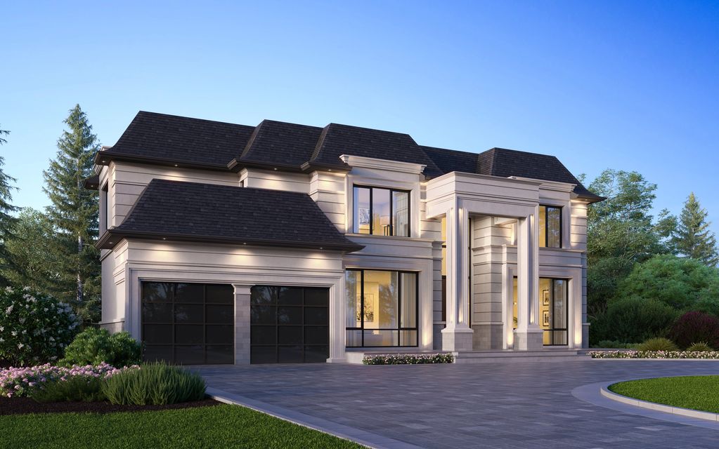 Elegant modern two-story house with large glass windows and double garage.
