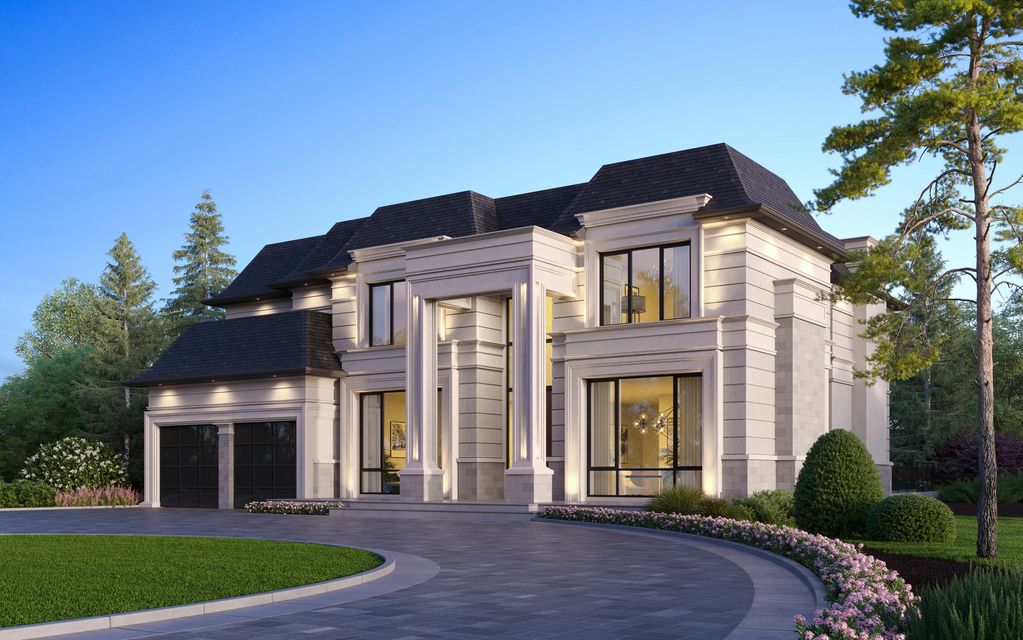 Modern luxury two-story mansion with grand columns and well-manicured landscaping.