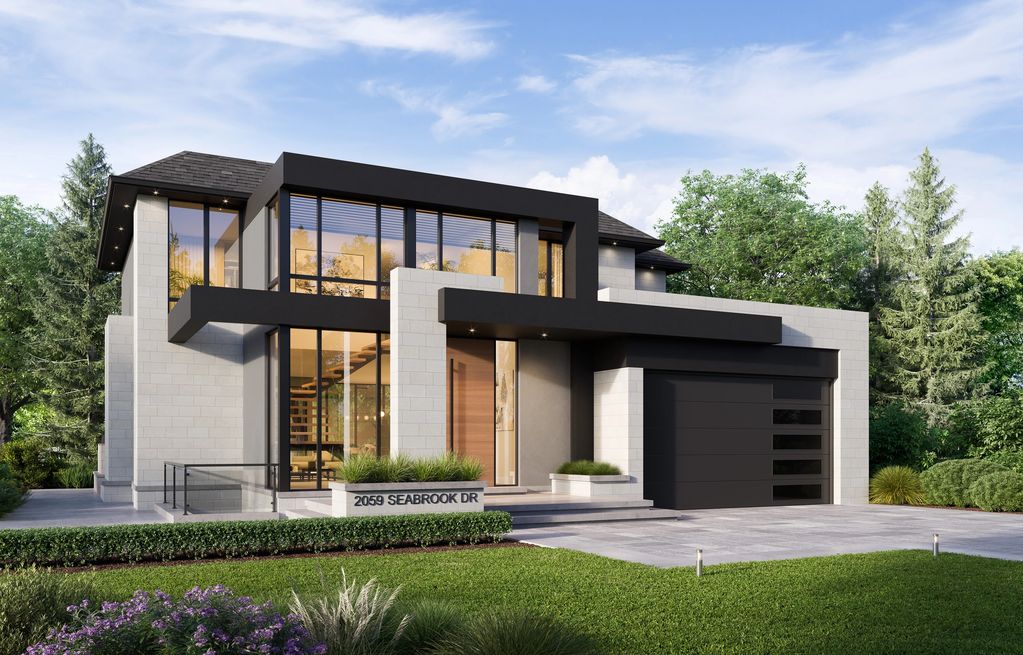 Modern two-story house with large windows and black accents.