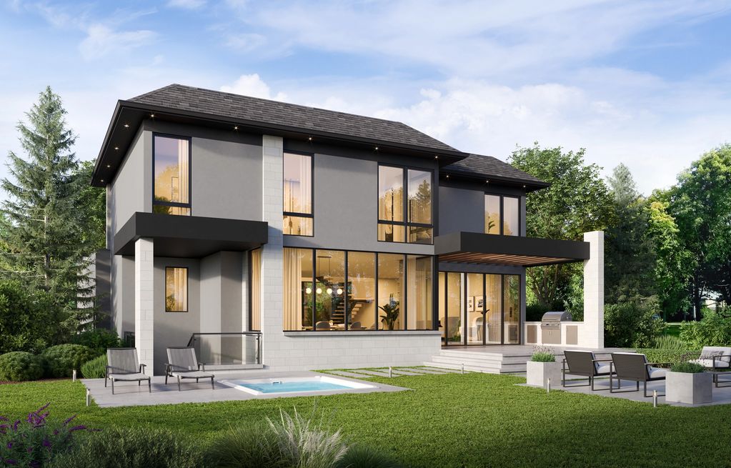 Modern two-story house with outdoor seating and pool.