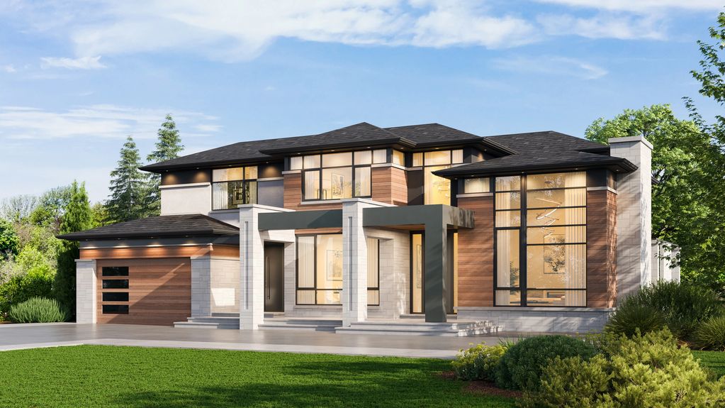 Modern luxury house with large windows and wooden accents.