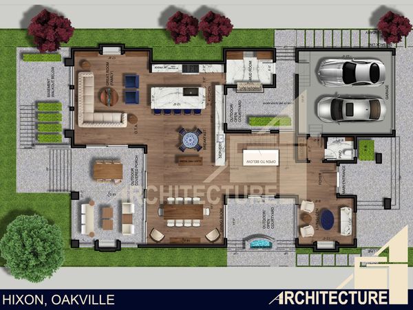 Architectural floor plan of a modern home with garage and outdoor spaces.