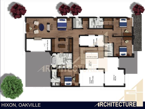Second floor architectural plan with bedrooms and bathrooms.