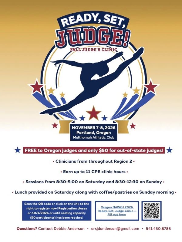Flyer for the 2026 Ready, Set, Judge! Fall Judge's Clinic in Portland, Oregon.