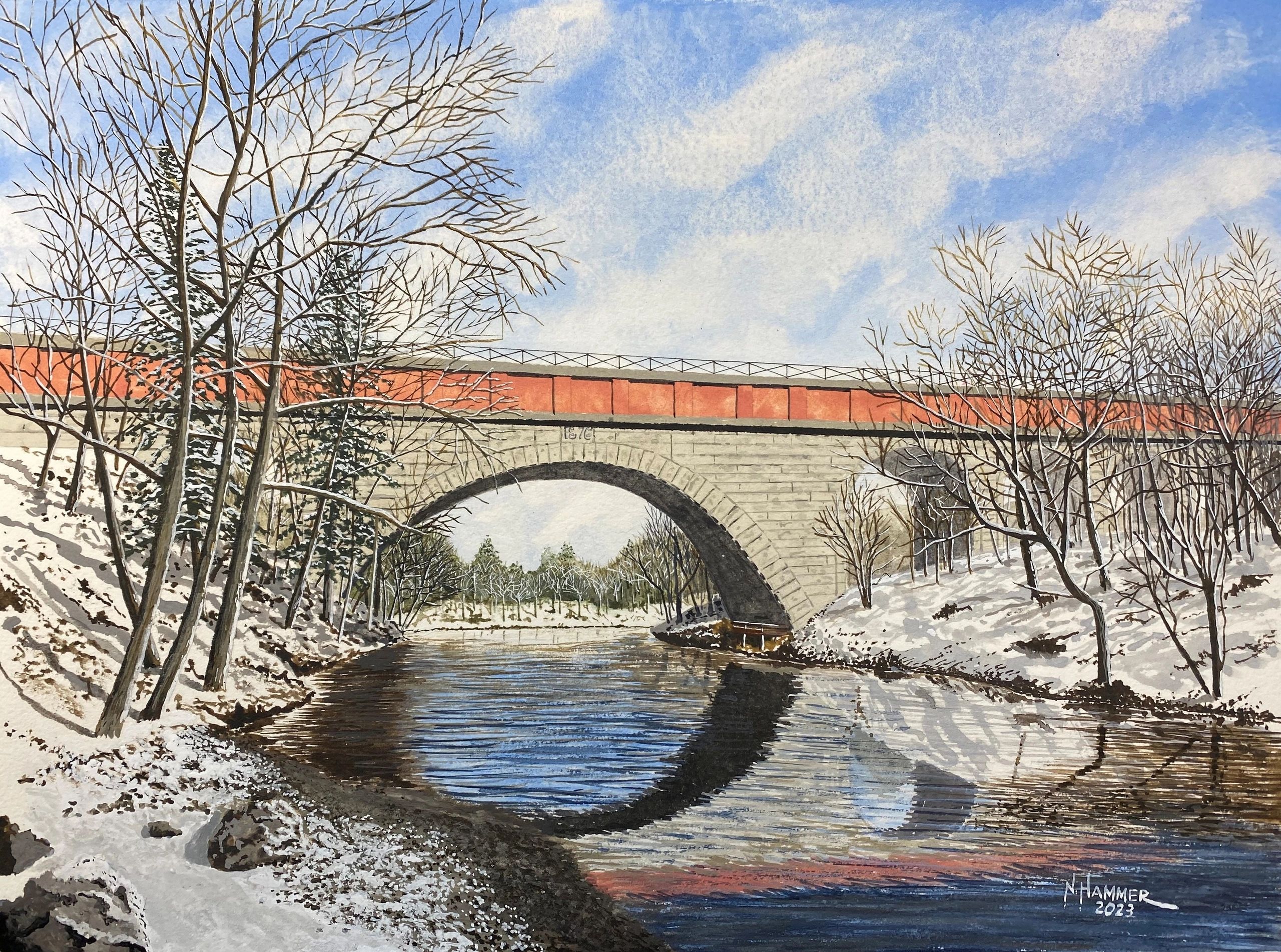 This view of Echo Bridge was based on a five-photo panorama taken by the artist in February  2023.  