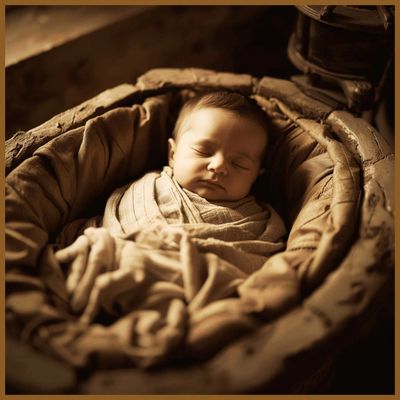 Peaceful newborn baby swaddled and sleeping in a cozy basket.