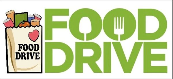 Illustration promoting a food drive with a grocery bag and green text.