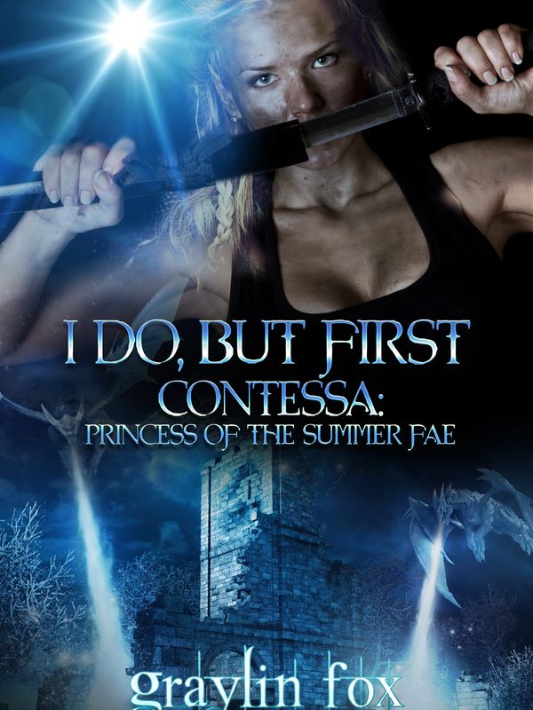 Woman holding a knife with fantasy background and book title.