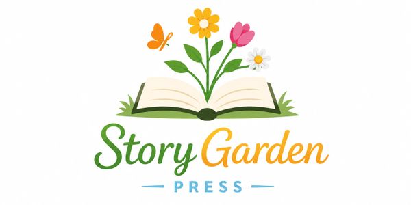 Logo of Story Garden Press featuring an open book with flowers and a butterfly.