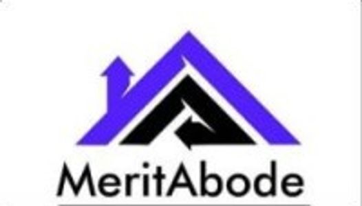 Logo featuring a house roof design with MeritAbode text.