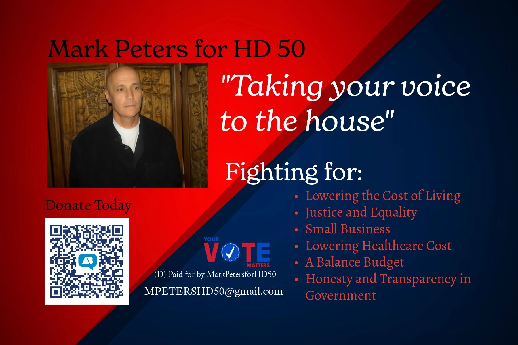 Campaign poster for Mark Peters with his photo and goals.