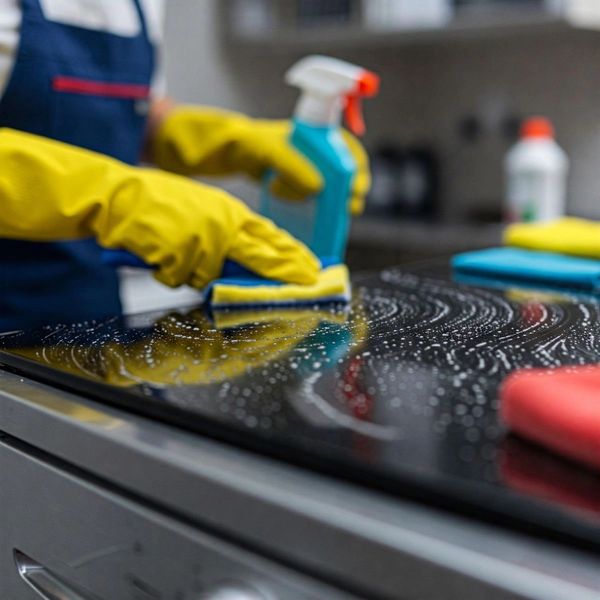 Person cleaning a kitchen stove with gloves and sponge.