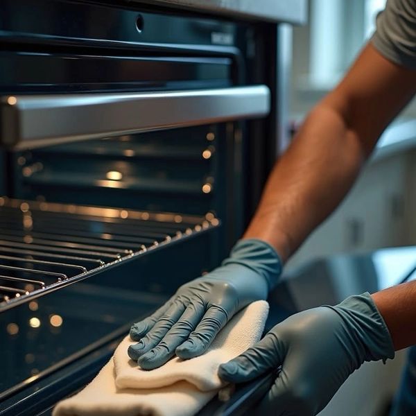 Person wearing gloves cleaning an oven with a cloth.