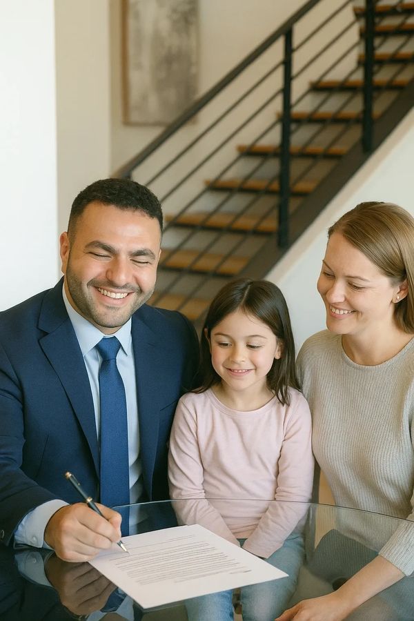 Happy family signing documents with a professional man at a table.