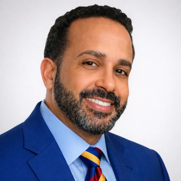 Smiling man in a blue suit and striped tie.