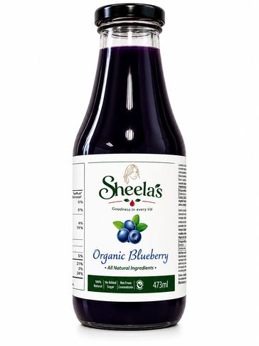 Bottle of Sheela's organic blueberry juice with natural ingredients.