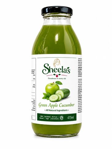 Green Apple Cucumber juice bottle by Sheela's with natural ingredients.