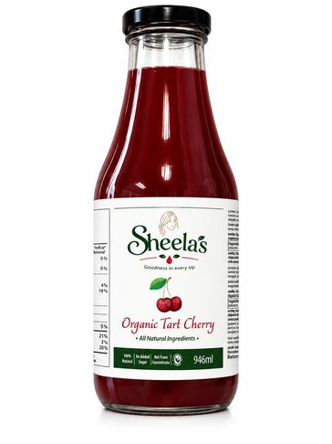 Sheela's Organic Tart Cherry juice in a clear glass bottle.