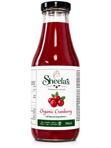 Bottle of Sheela's Organic Cranberry juice with all natural ingredients.