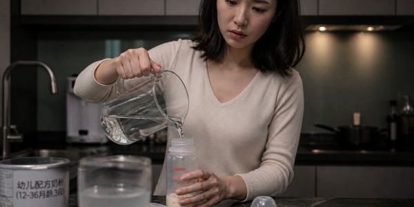 Woman preparing baby formula by pouring water into a bottle in a kitchen.