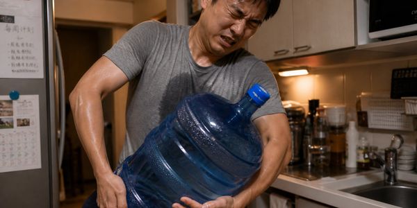 Man struggling to lift a large water jug in a kitchen.