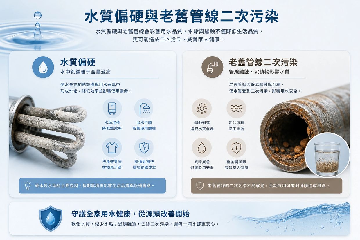 圖解水質偏硬與老舊管線引起的二次污染及其影響。
