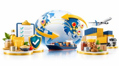 Global food supply chain with transport and safety.