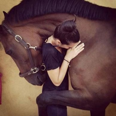 A woman hugging a brown horse.