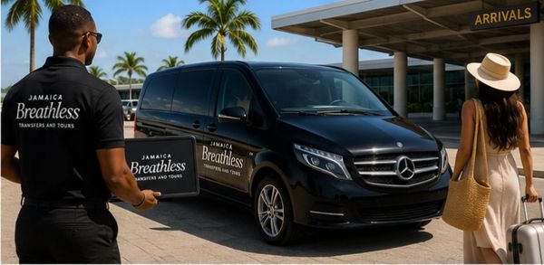 A man holding a sign welcomes a woman arriving at an airport with a black Mercedes van.