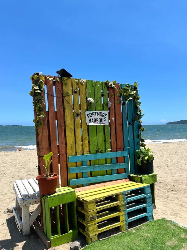 Colorful wooden pallet bench with plants at Portmore Harbour beach.