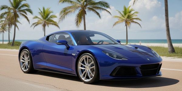 A sleek blue sports car parked by a palm tree-lined beach road.