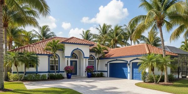 Beautiful single-story house with red tile roof, blue accents, and palm trees.