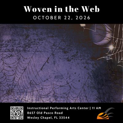 Halloween event poster with spider webs and event details.