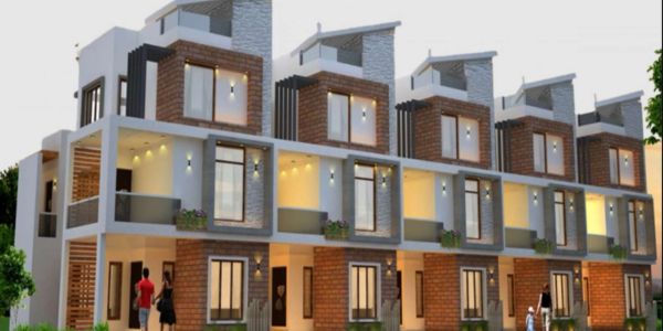 Modern three-story townhouses with large windows and balconies.