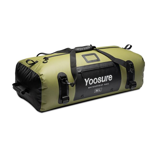 Green and black waterproof duffel bag with shoulder strap and 80L capacity.