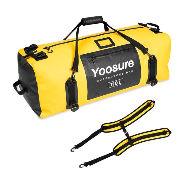 Large yellow and black waterproof duffle bag with shoulder strap and harness.