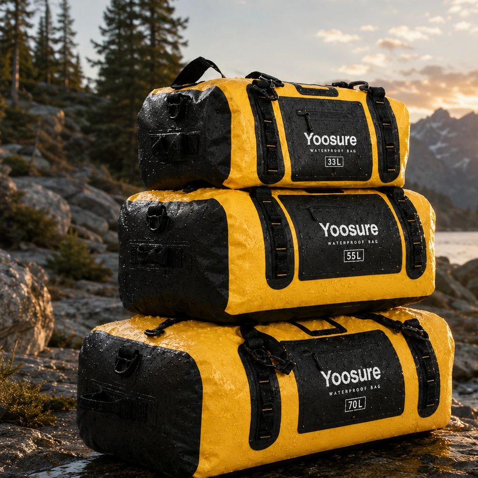 Stacked yellow and black waterproof bags in the wilderness.