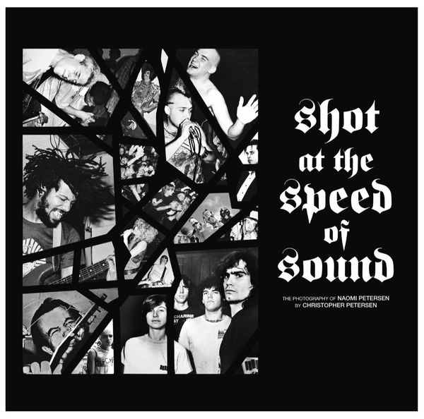Collage of black and white music photos with title on right.