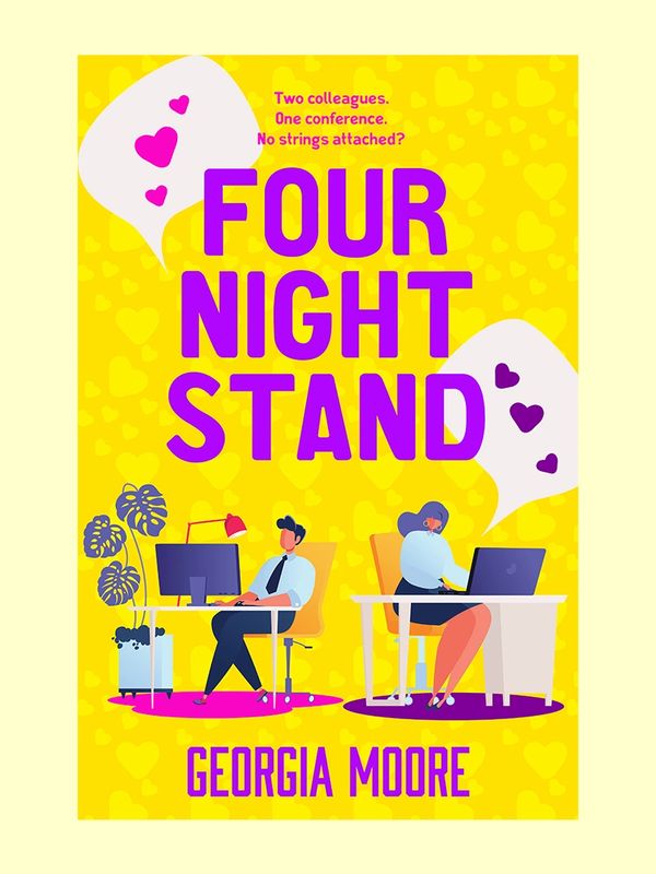 Illustrated yellow book cover of FOUR NIGHT STAND by Georgia Moore - a spicy workplace romance