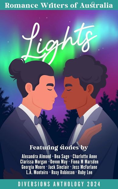 Illustrated book cover of LIGHTS. Two men face each other, about to kiss.