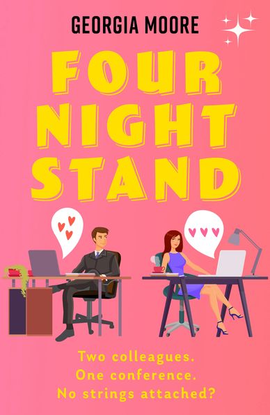 Illustrated pink book cover of Four Night Stand. A man and woman sit at office desks side-by-side.
