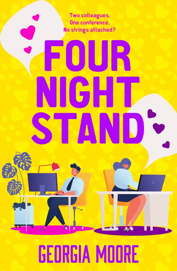 Illustrated book cover of FOUR NIGHT STAND. A man and woman sit at desks with computers. 