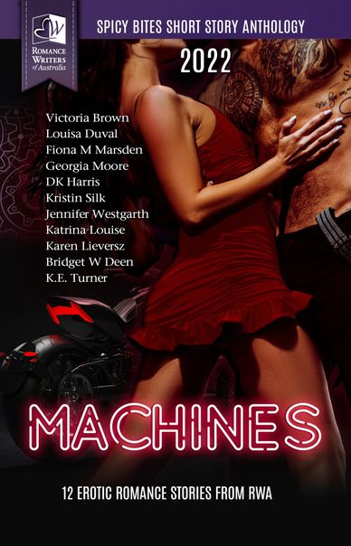 Book cover of MACHINES. A woman in a red dress held by a shirtless man. Behind them is a motorbike.