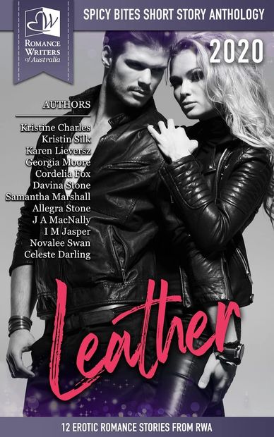 Book cover of LEATHER. A man and woman wearing black leather embrace.