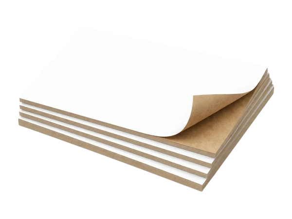 Stack of blank white notepad sheets with brown backing.