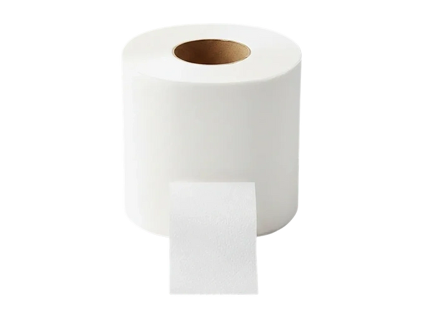 A roll of white toilet paper with a sheet hanging down.