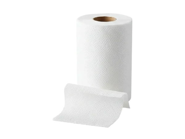 A roll of white paper towels with an extended sheet.