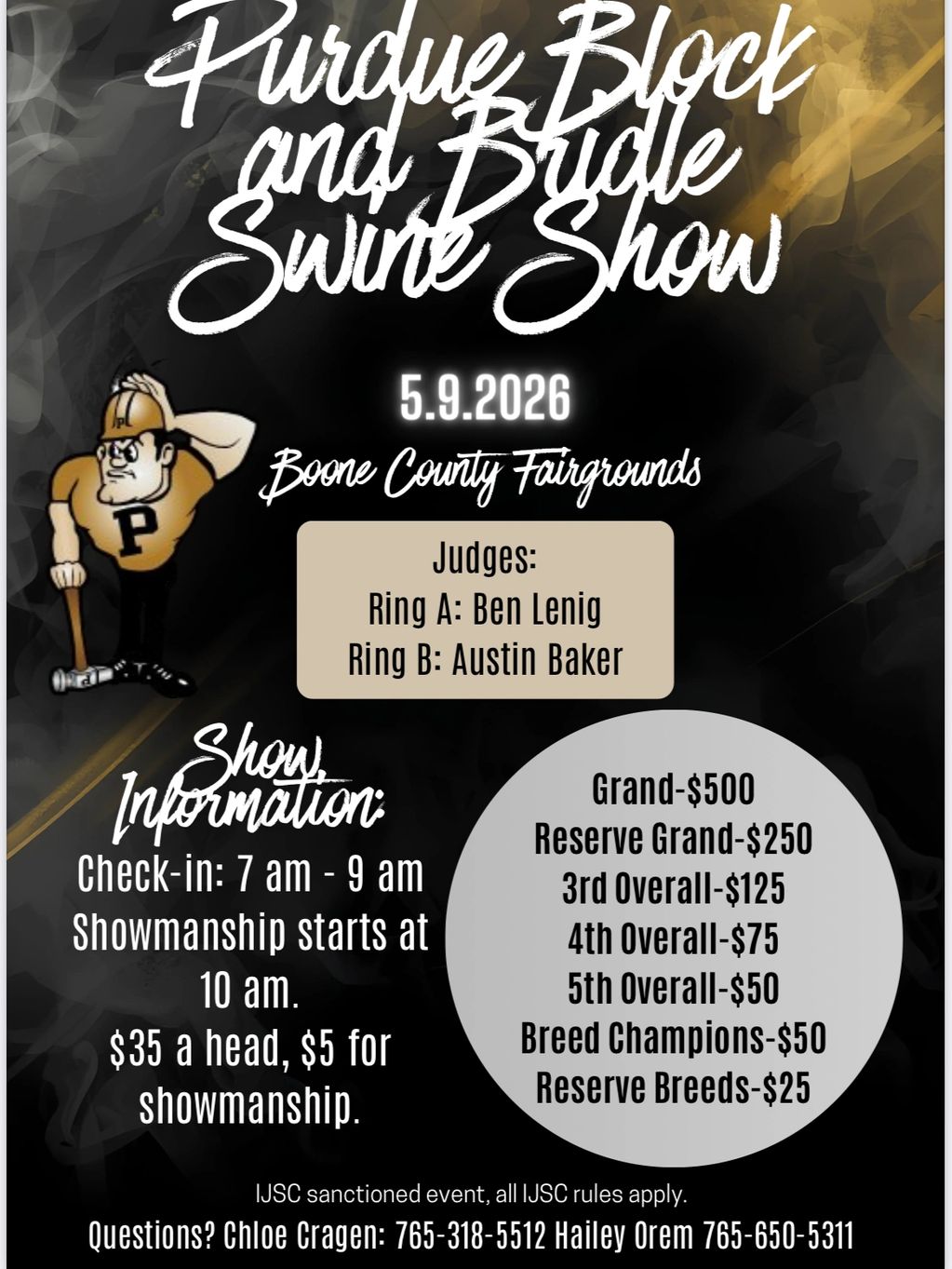 Flyer for Purdue Block and Bridle Swine Show on May 9, 2026, at Boone County Fairgrounds.